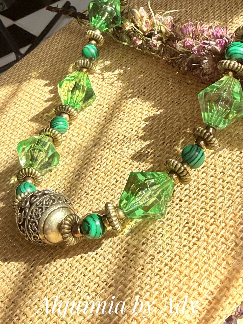 Fall essentials malachite Crystal & Antique Silver Bead Necklace